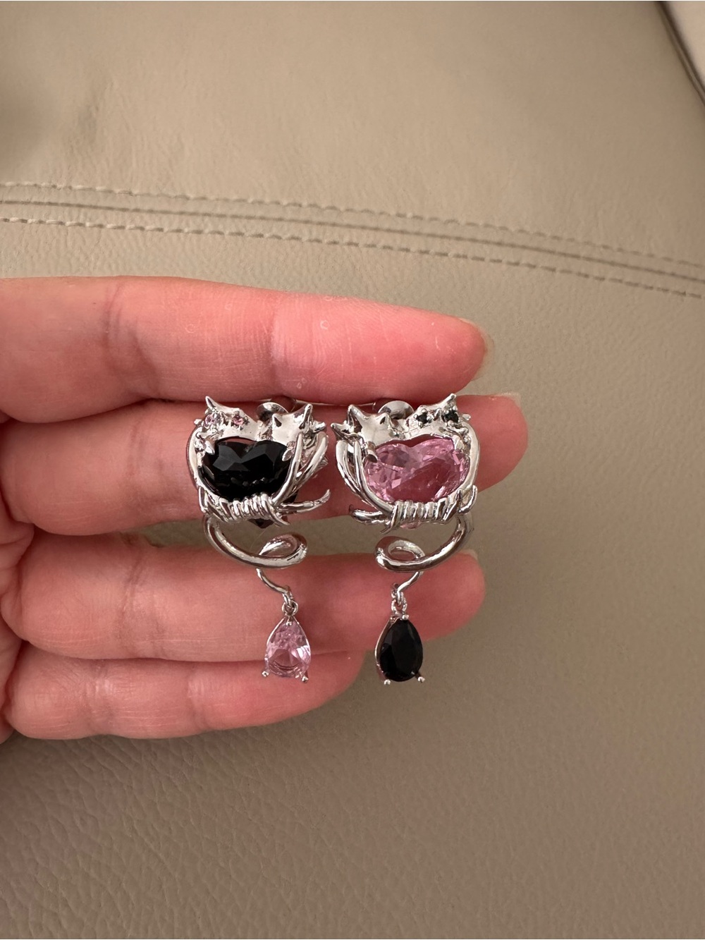Silver Heart Dangle Earrings with Pink and Black Crystal